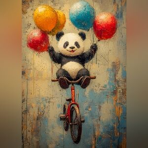 Panda on Bicycle with Colorful Balloons Art Print